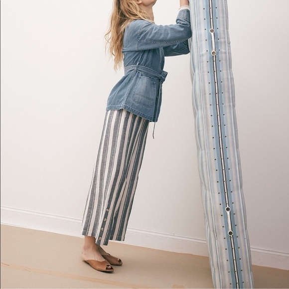 Madewell Linen Blend Side-Button Huston Pull-On Crop Pants in Indigo Stripe XS - Picture 2 of 15